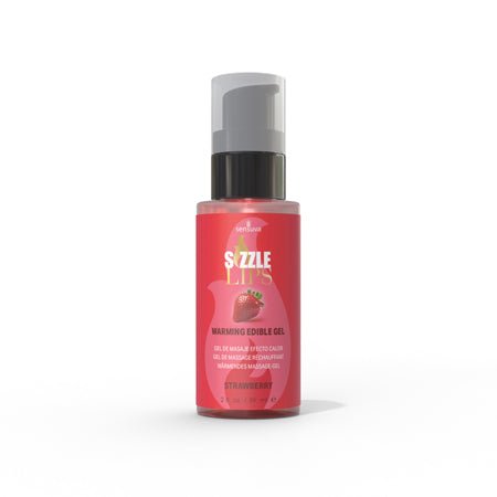 Sizzle Lips warming edible gel in a 2oz red bottle with pump dispenser, strawberry flavor.