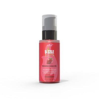 Sizzle Lips warming edible gel in a 2oz red bottle with pump dispenser, strawberry flavor.