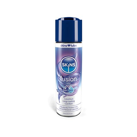 Bottle of Skins Fusion hybrid silicone and water-based lubricant for long-lasting comfort, 4 oz size with blue cap.