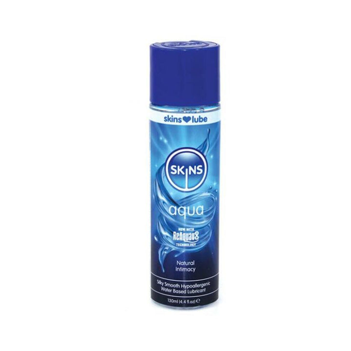 Skins Aqua water-based lubricant 4 oz bottle with blue cap and label highlighting natural intimacy and hypoallergenic formula.
