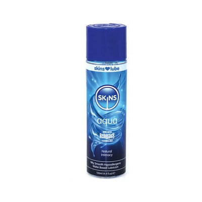 Skins Aqua water-based lubricant 4 oz bottle with blue cap and label highlighting natural intimacy and hypoallergenic formula.