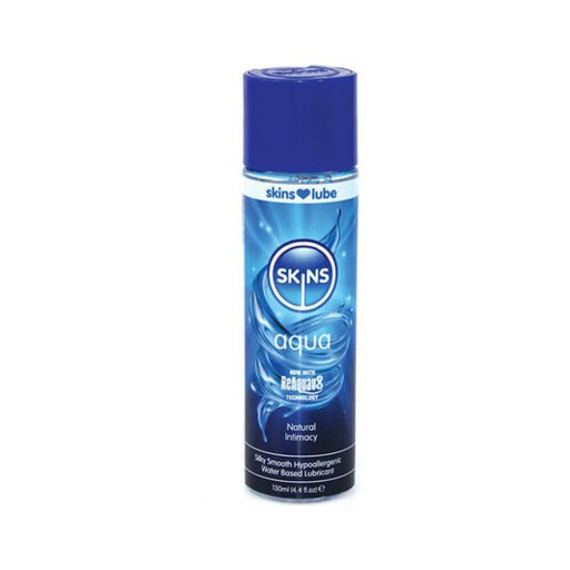 Skins Aqua water-based lubricant 4 oz bottle with blue cap and label highlighting natural intimacy and hypoallergenic formula.