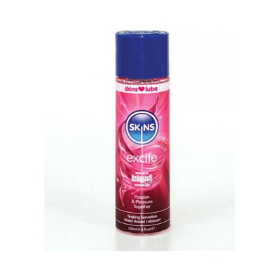 Skins Excite water-based lubricant bottle with pink label and blue cap, featuring tingling sensation formula.
