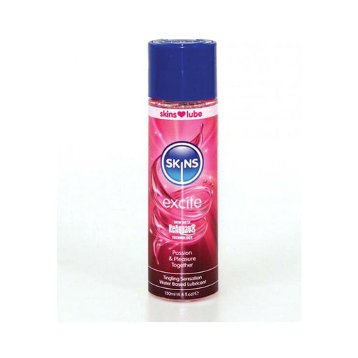 Skins Excite water-based lubricant bottle with pink label and blue cap, featuring tingling sensation formula.