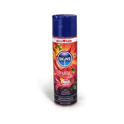 Bottle of Skins Fruity water-based lubricant in juicy mango and passionfruit flavor with blue cap.
