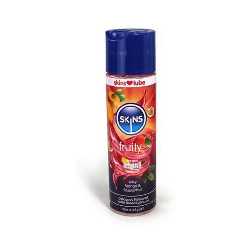 Bottle of Skins Fruity water-based lubricant in juicy mango and passionfruit flavor with blue cap.