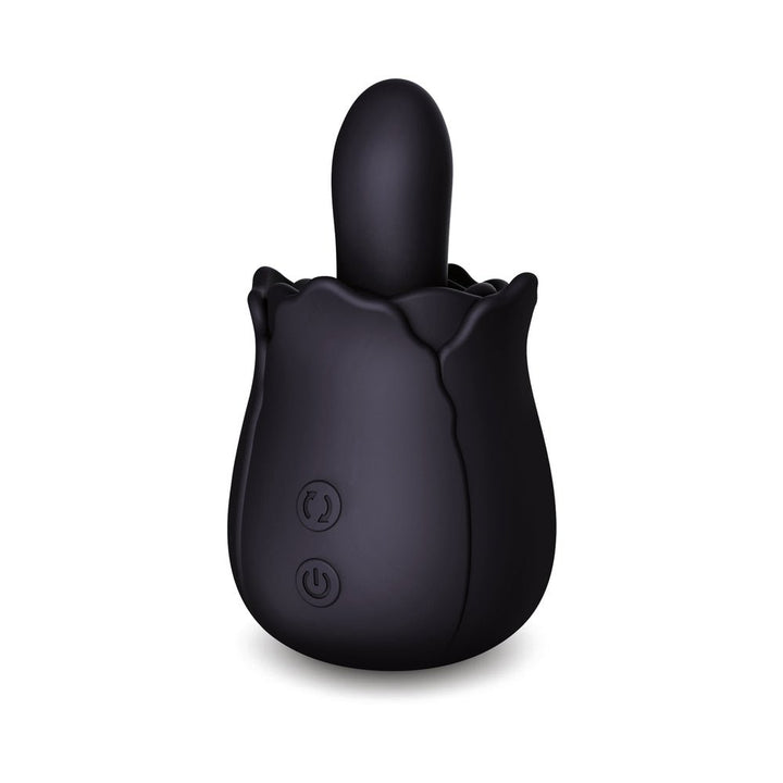 Black silicone rimming toy with rose-shaped base and dual control buttons for vibration and rotation.