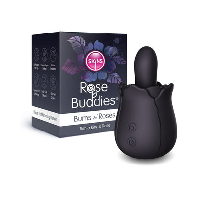 Black rose-shaped vibrating rimming toy with control buttons next to its floral-themed packaging box.