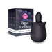Black rose-shaped vibrating rimming toy with control buttons next to its floral-themed packaging box.