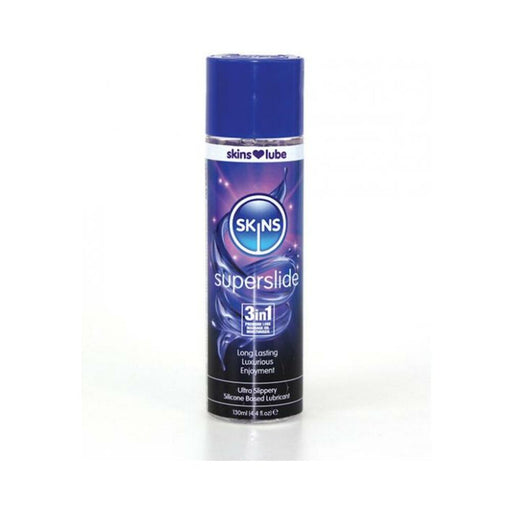 Bottle of Skins Superslide 4 oz silicone-based lubricant with blue and purple label and cap.