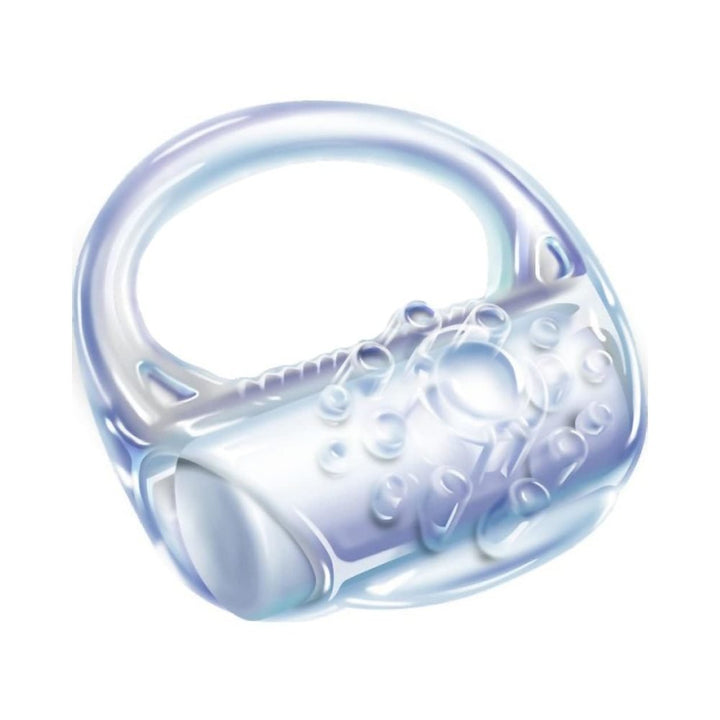 Transparent stretchy vibrating ring with textured bumps and ridged inner design for enhanced sensation.