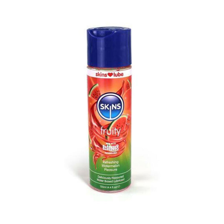 Bottle of Skins Fruity Water-Based Lubricant in refreshing watermelon flavor with blue cap and vibrant label design.