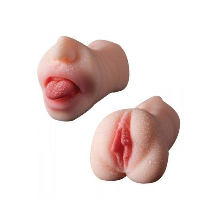 Realistic dual-ended masturbator with detailed mouth and vaginal openings in soft skin-like material.