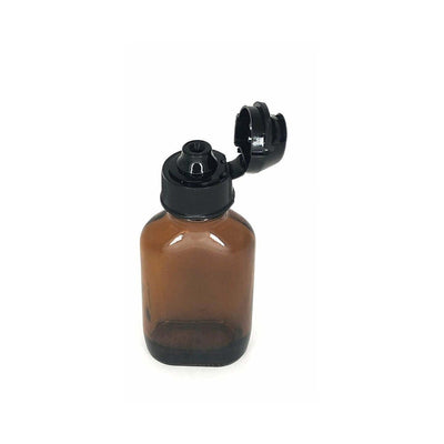 Amber glass bottle with black flip-top aroma topper cap open, designed for easy one-handed use and spill prevention.