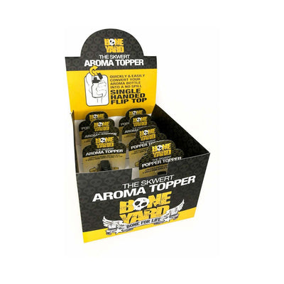Display box of Skwert Aroma Topper packages featuring single-handed flip top popper bottle converters in small and large thread sizes.