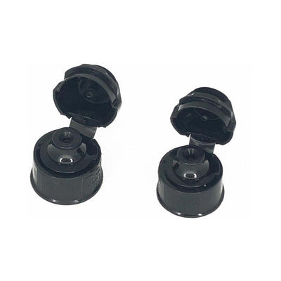 Set of two black flip-top aroma toppers with small and large threads for popper bottles, shown open on white background.