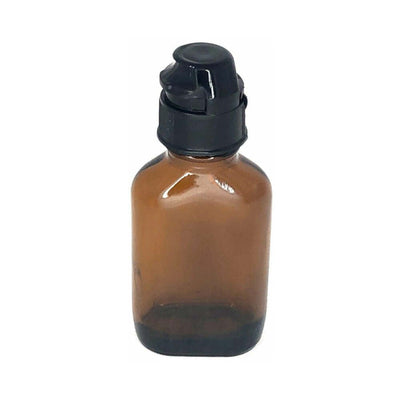 Amber glass bottle with black flip-top aroma topper cap for easy one-handed use and spill prevention