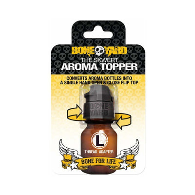 Bone Yard Skwert Aroma Topper large-thread adapter for one-handed flip top bottle use in amber bottle packaging