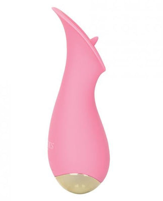 Pink silicone tongue-shaped vibrator with ergonomic curved design and metallic gold base detail.