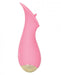 Pink silicone tongue-shaped vibrator with ergonomic curved design and metallic gold base detail.