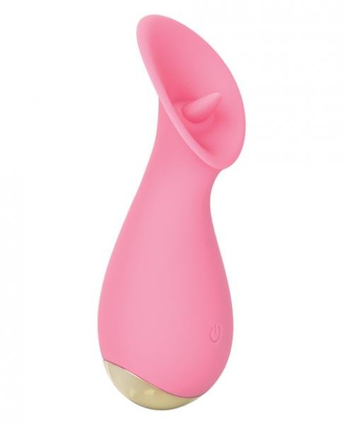 Pink silicone tongue-shaped vibrator with curved design and single button control, compact and sleek for discreet use.