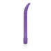 Slim, purple, curved G-spot vibrator with smooth surface and twist base control on white background.