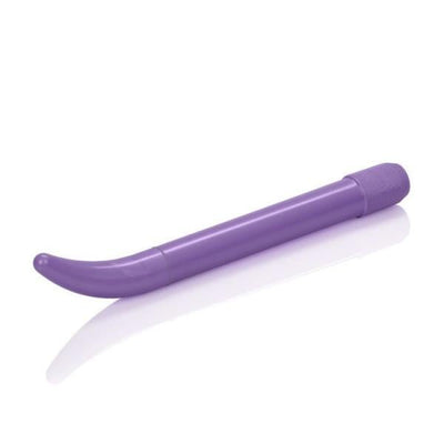 Slim slender purple vibrator with curved tip and textured twist cap, designed for targeted G-spot stimulation.