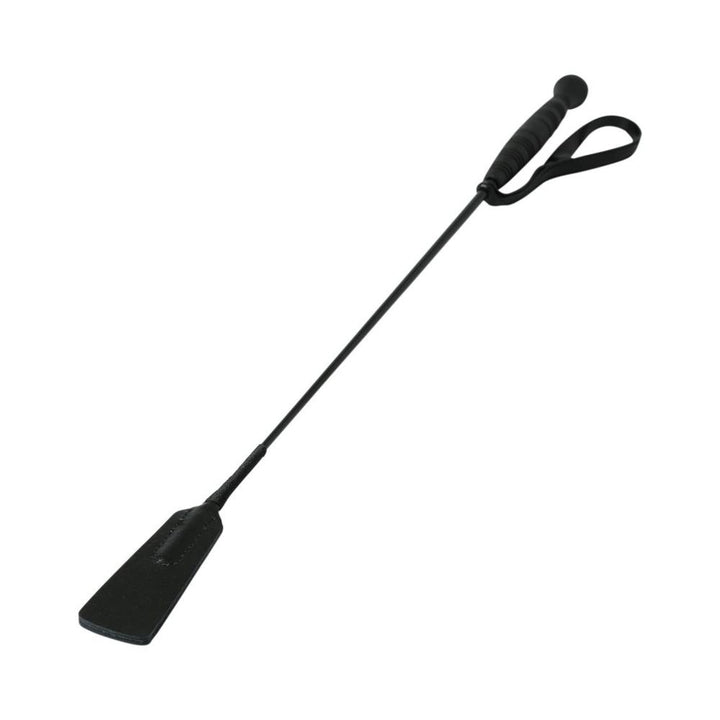 Black slender crop with textured handle and wrist strap, featuring a flat paddle tip for precise impact play.