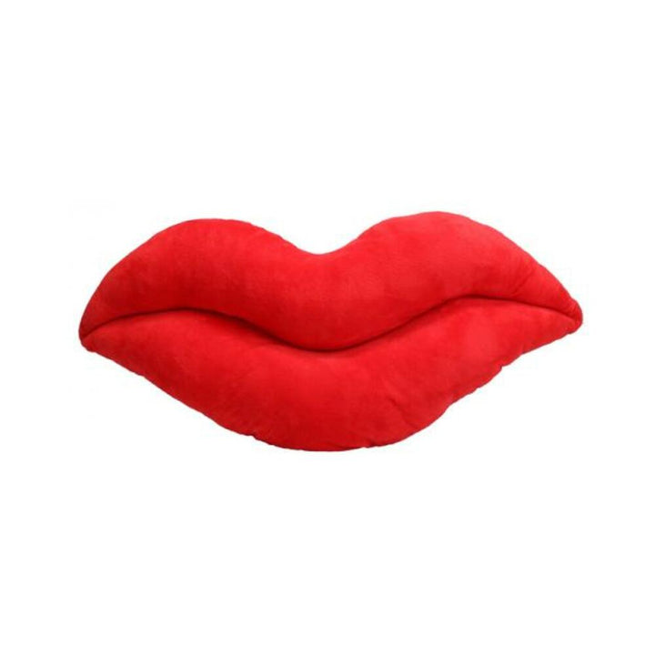 Red plush pillow shaped like full lips, soft and cozy decorative cushion measuring 21 inches wide.