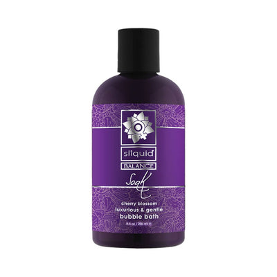 Sliquid Balance Soak Cherry Blossom bubble bath in a purple 8.5oz bottle with floral label design