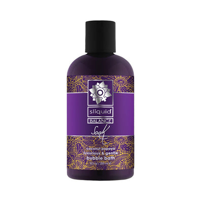 Purple bottle of Sliquid Balance Soak Coconut Papaya luxurious and gentle bubble bath, 8.5oz.