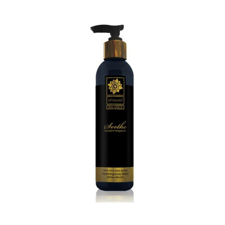 Sliquid Balance Soothe Mandarin Bergamot hydrating body lotion in black and gold pump bottle, 8.5 oz.