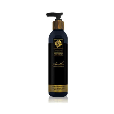 Sliquid Balance Soothe Mandarin Bergamot hydrating body lotion in black and gold pump bottle, 8.5 oz.