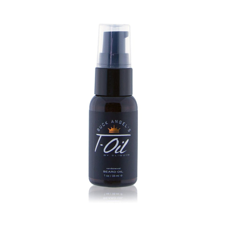 Sliquid Buck Angel T Oil 1oz bottle of sandalwood scented beard oil with pump dispenser on white background