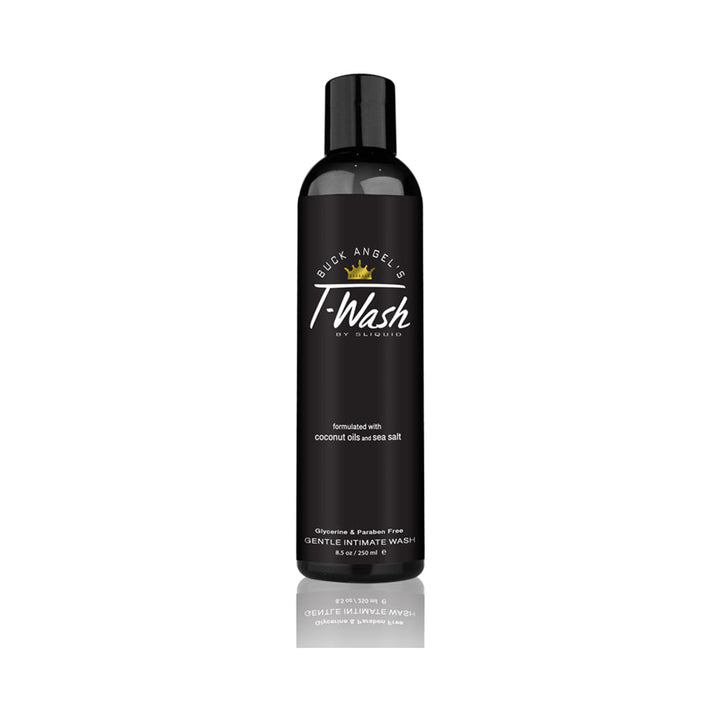 Black bottle of Sliquid Buck Angel T Wash gentle intimate cleanser with coconut oils and sea salt, 8.5oz size.