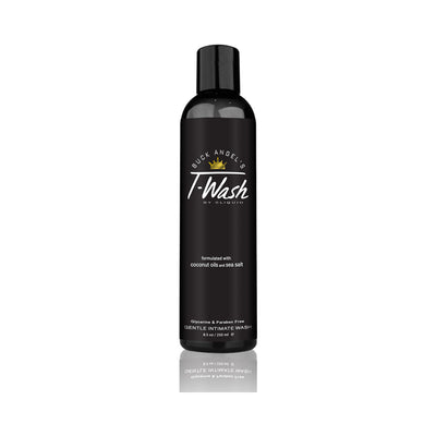 Black bottle of Sliquid Buck Angel T Wash gentle intimate cleanser with coconut oils and sea salt, 8.5oz size.