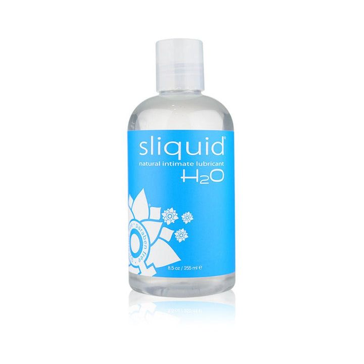 Clear bottle of Sliquid H2O natural water-based intimate lubricant with blue label and white floral design, 8.5 oz.