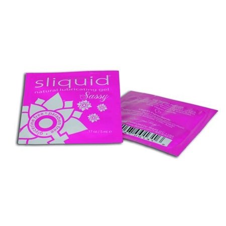 Two pink single-use packets of Sliquid Naturals Sassy water-based personal lubricant gel.