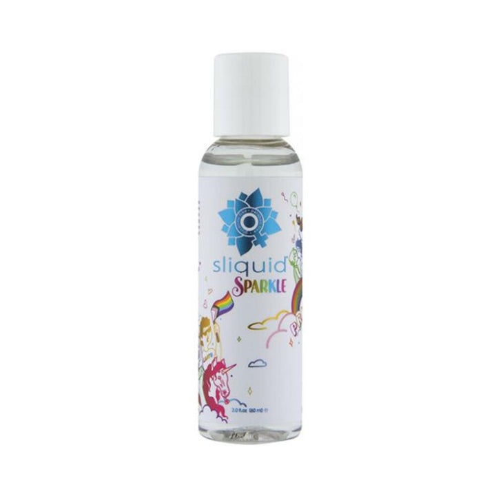 Clear 2 oz bottle of Sliquid Naturals Sparkle Pride personal lubricant with colorful inclusive label design.