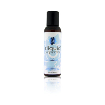 Sliquid Organics Natural 2oz aloe-based water-soluble lubricant bottle with blue and white label on white background.