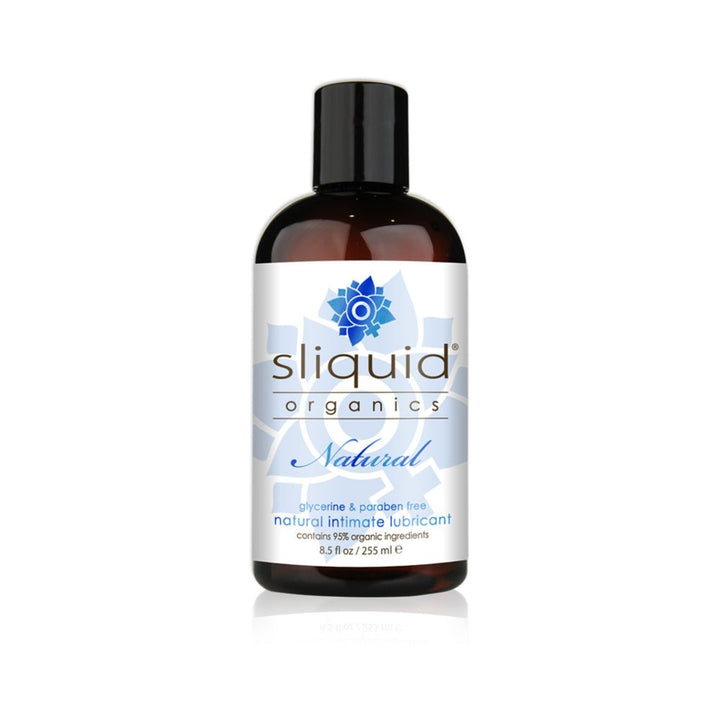 Sliquid Organics Natural Lubricant 8.5oz bottle with white and blue label, glycerin and paraben free formula.