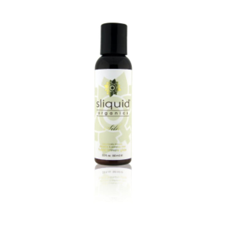 Bottle of Sliquid Organics Silk hybrid personal lubricant with natural botanical ingredients on white background.