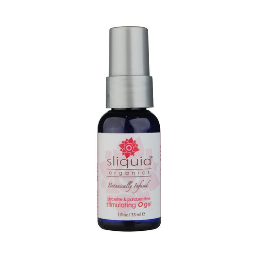 Sliquid Organics Stimulating O Gel 1oz bottle with silver cap and botanical infused label on white background