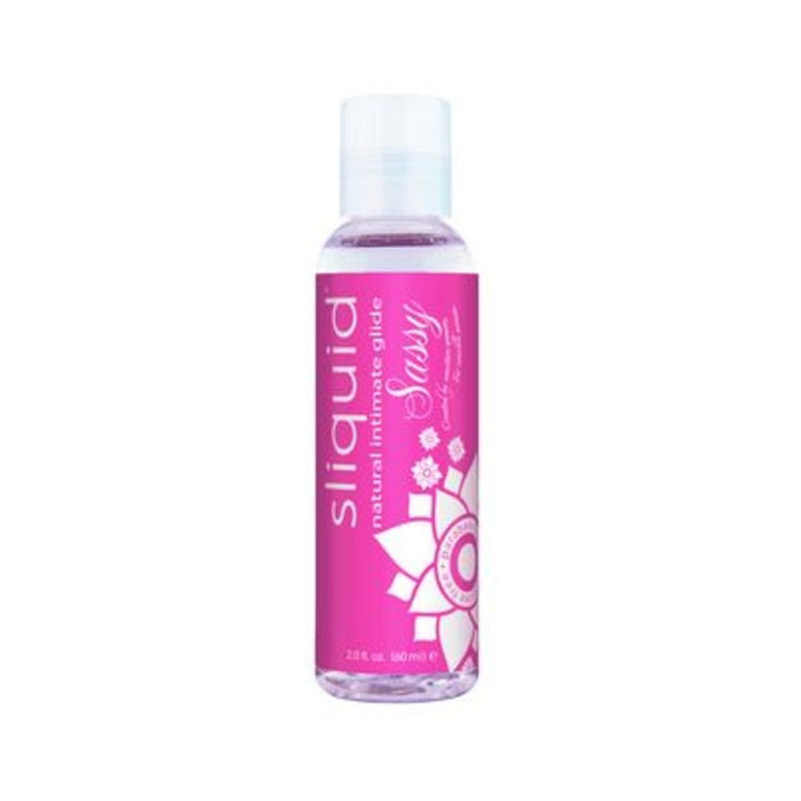 Clear 2oz bottle of Sliquid Sassy natural intimate gel with bright pink label and floral design