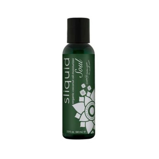 Bottle of Sliquid Soul organic coconut oil moisturizer with green label and black cap, 2oz size.