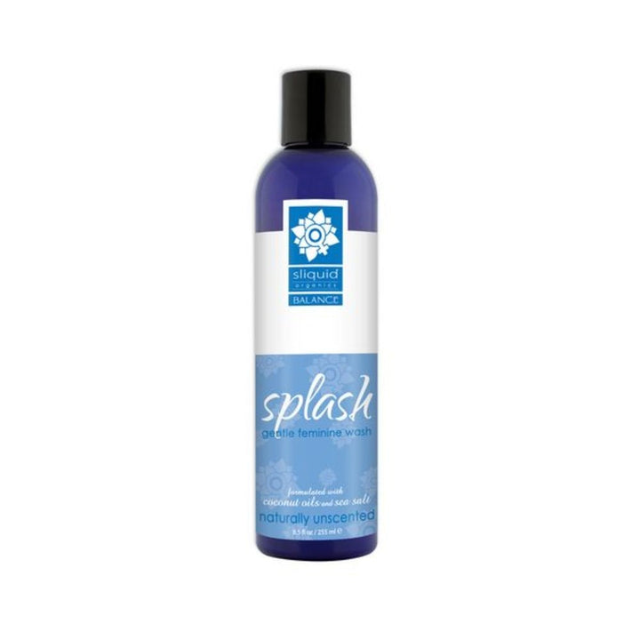 Bottle of Sliquid Splash gentle feminine wash in unscented formula with blue and white label.
