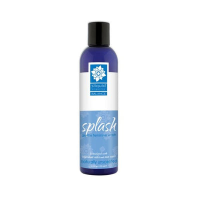 Bottle of Sliquid Splash gentle feminine wash in unscented formula with blue and white label.