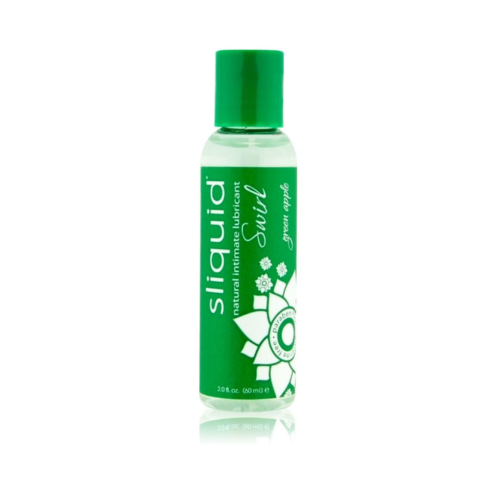Bottle of Sliquid Swirl Green Apple natural intimate lubricant with green label and cap, 2 oz size.