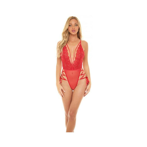 Sloane Soft Cup Deep Plunge Teddy W/side Lace Up Ribbon Detail Red S/m - SexToy.com