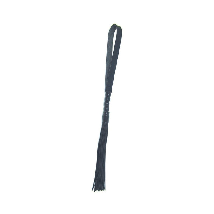 Black faux leather flogger with wooden beaded handle and wrist loop for beginner sensory play.